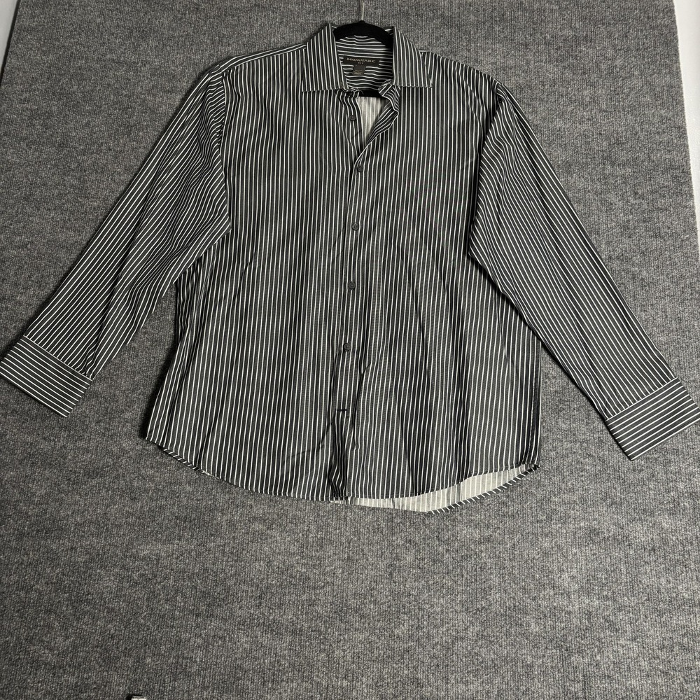 Banana Republic Non-Iron Slim Fit Black White Striped Dress Shirt Mens XL